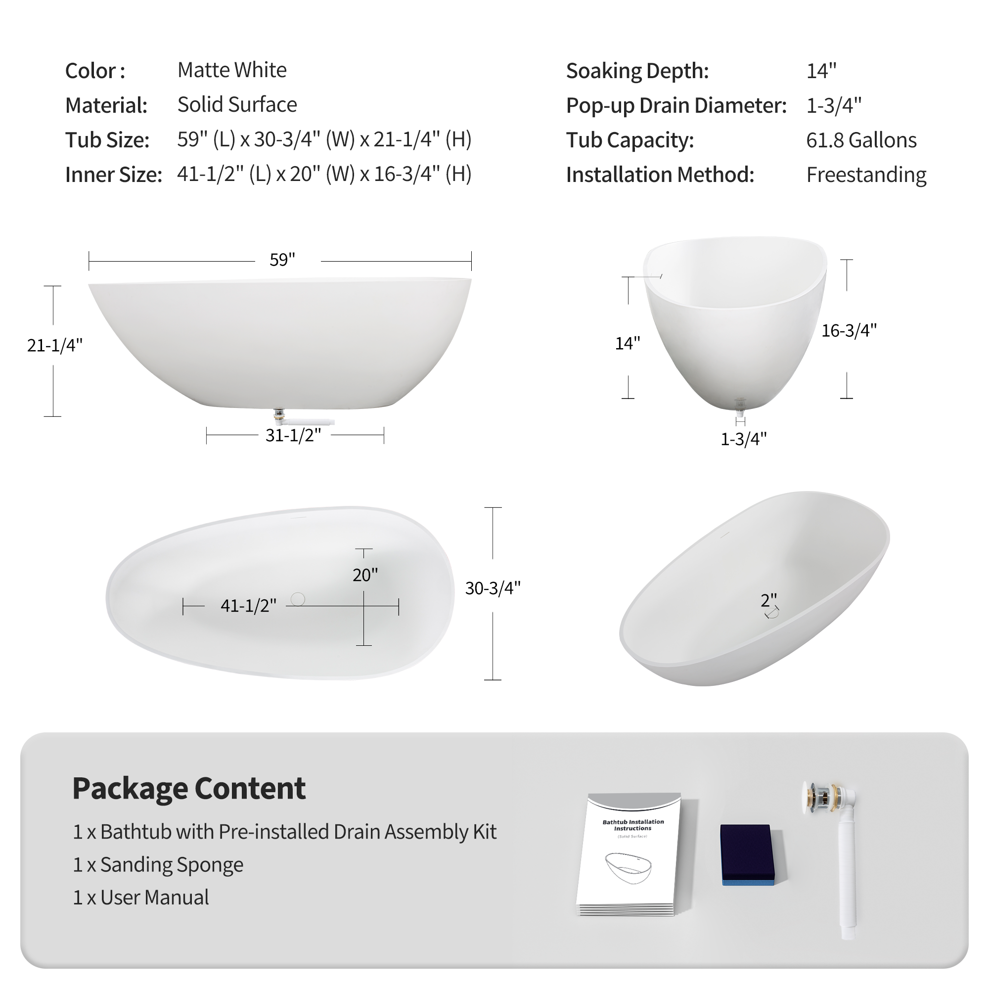 59" Freestanding Solid Surface Bathtub, Luxury Stone Resin Soaking Tub, Overflow & Drain, Matte White