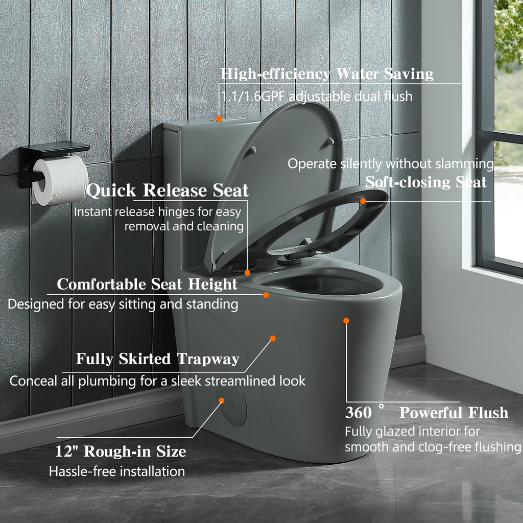 Dual-Flush Ceramic One-Piece Toilet 1.1/1.6 GPF, Elongated Comfort Height Bowl, Soft-Close Seat, Adjustable 0.8/1.28 GPF, Light Grey