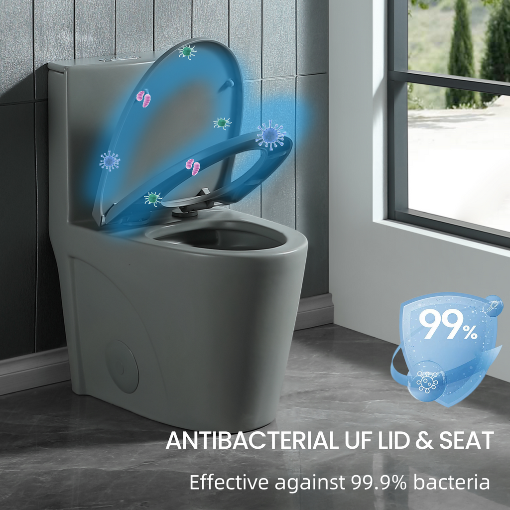 Dual-Flush Ceramic One-Piece Toilet 1.1/1.6 GPF, Elongated Comfort Height Bowl, Soft-Close Seat, Adjustable 0.8/1.28 GPF, Light Grey