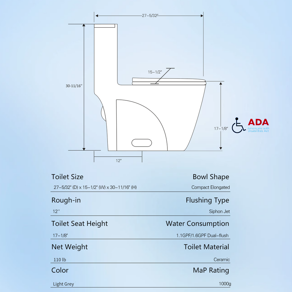 Dual-Flush Ceramic One-Piece Toilet 1.1/1.6 GPF, Elongated Comfort Height Bowl, Soft-Close Seat, Adjustable 0.8/1.28 GPF, Light Grey