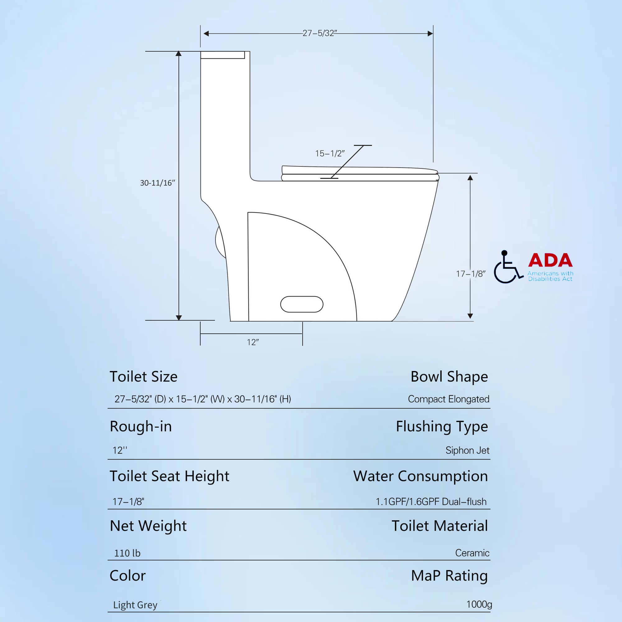 Dual-Flush Ceramic One-Piece Toilet 1.1/1.6 GPF, Elongated Comfort Height Bowl, Soft-Close Seat, Adjustable 0.8/1.28 GPF, Light Grey