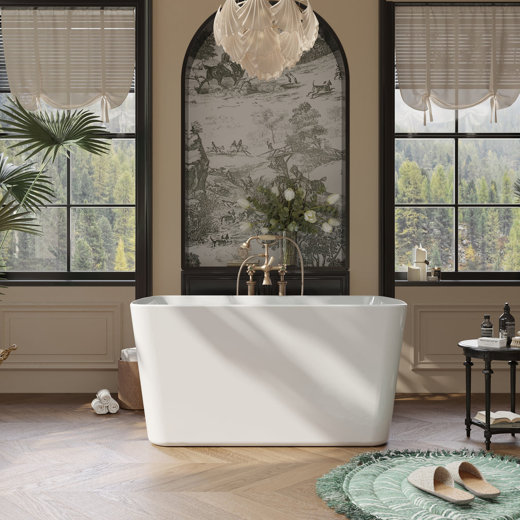 49" Acrylic Freestanding Japanese Soaking Tub, Square Sit-In Design, Chrome Overflow & Drain, Glossy White