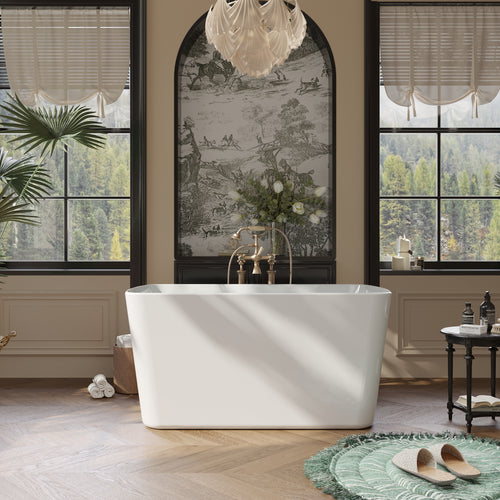 49" Acrylic Freestanding Japanese Soaking Tub, Square Sit-In Design, Chrome Overflow & Drain, Glossy White