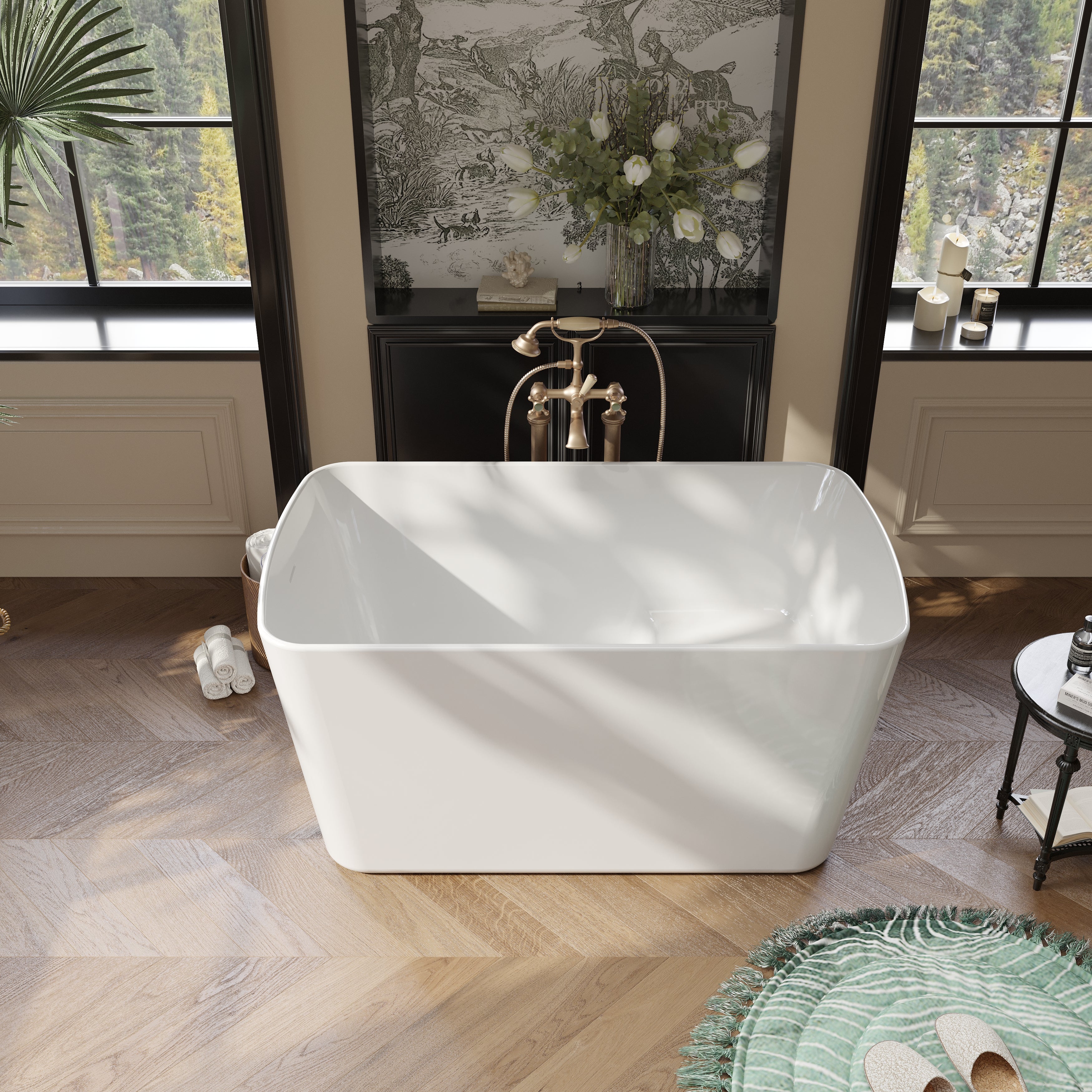 49" Acrylic Freestanding Japanese Soaking Tub, Square Sit-In Design, Chrome Overflow & Drain, Glossy White