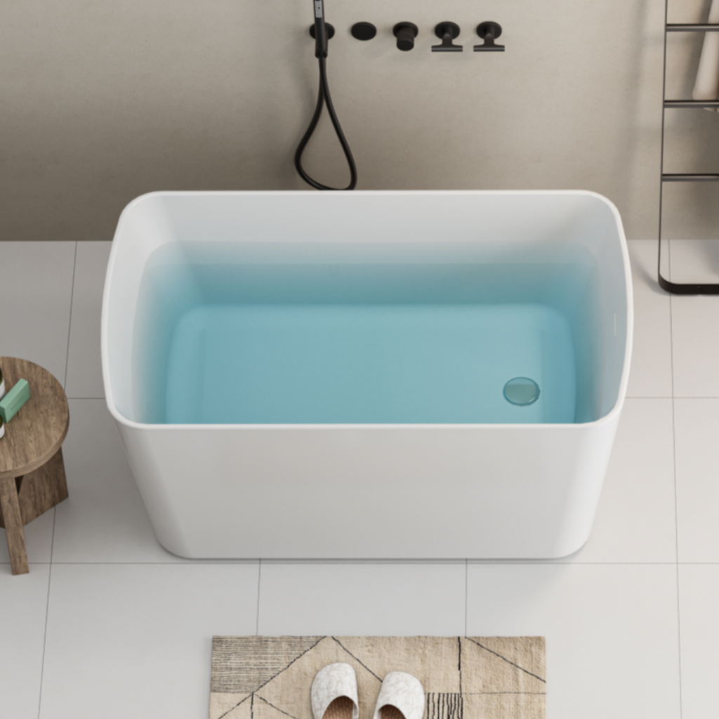 49" Acrylic Freestanding Japanese Soaking Tub, Square Sit-In Design, Chrome Overflow & Quick Drain, Glossy White