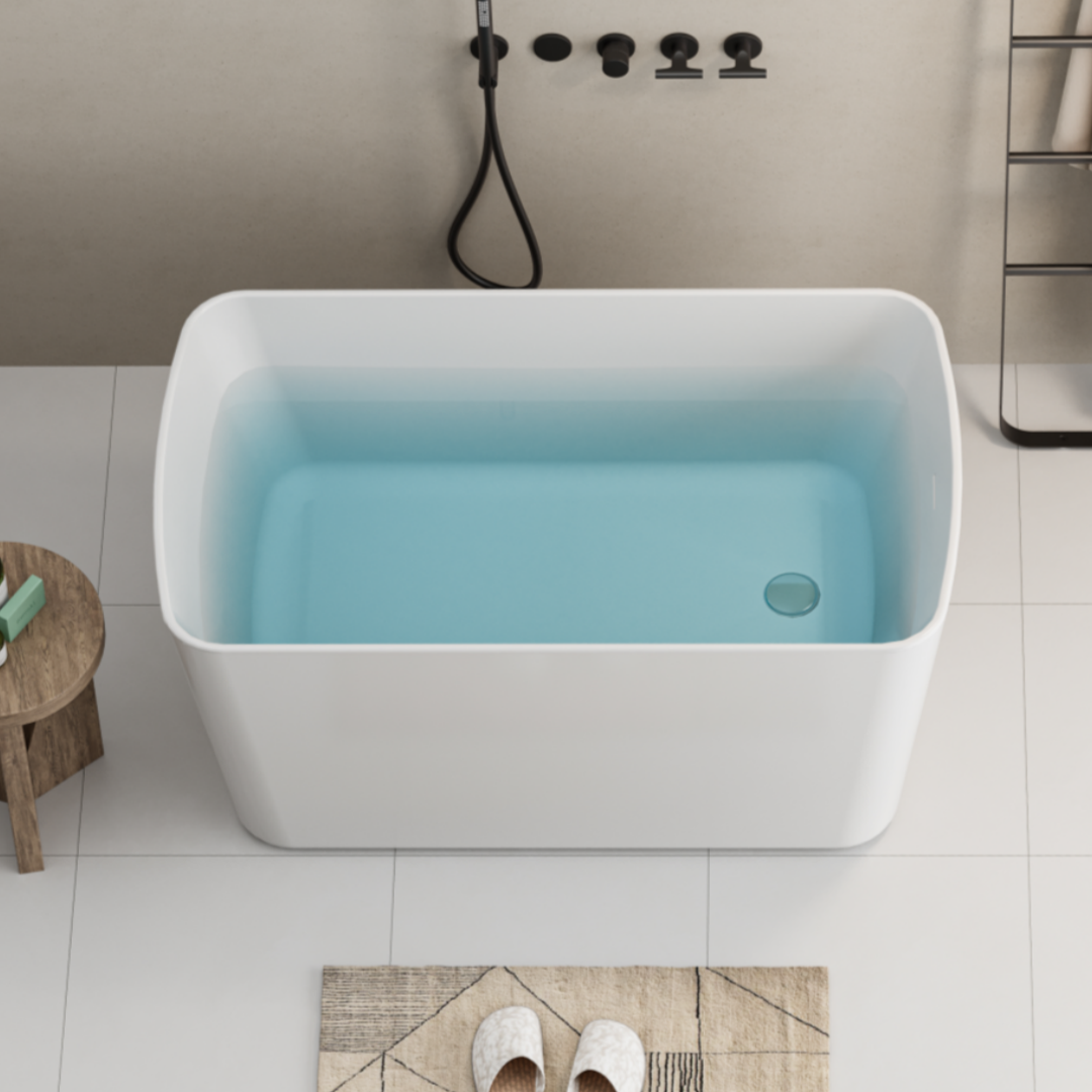 49" Acrylic Freestanding Japanese Soaking Tub, Square Sit-In Design, Chrome Overflow & Quick Drain, Glossy White