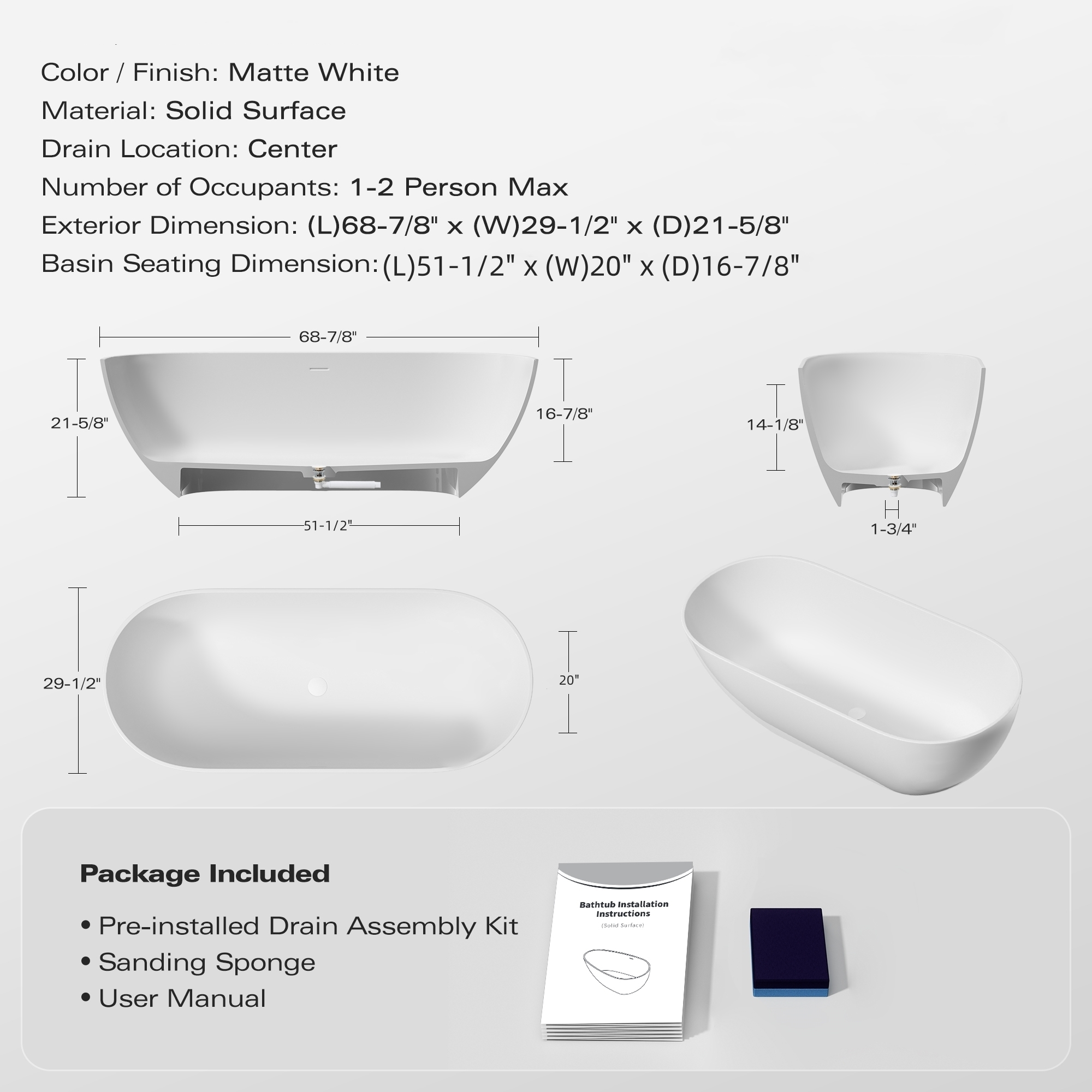 69" Freestanding Solid Surface Bathtub, Luxury Stone Resin Soaking Tub, Overflow & Drain, Matte White