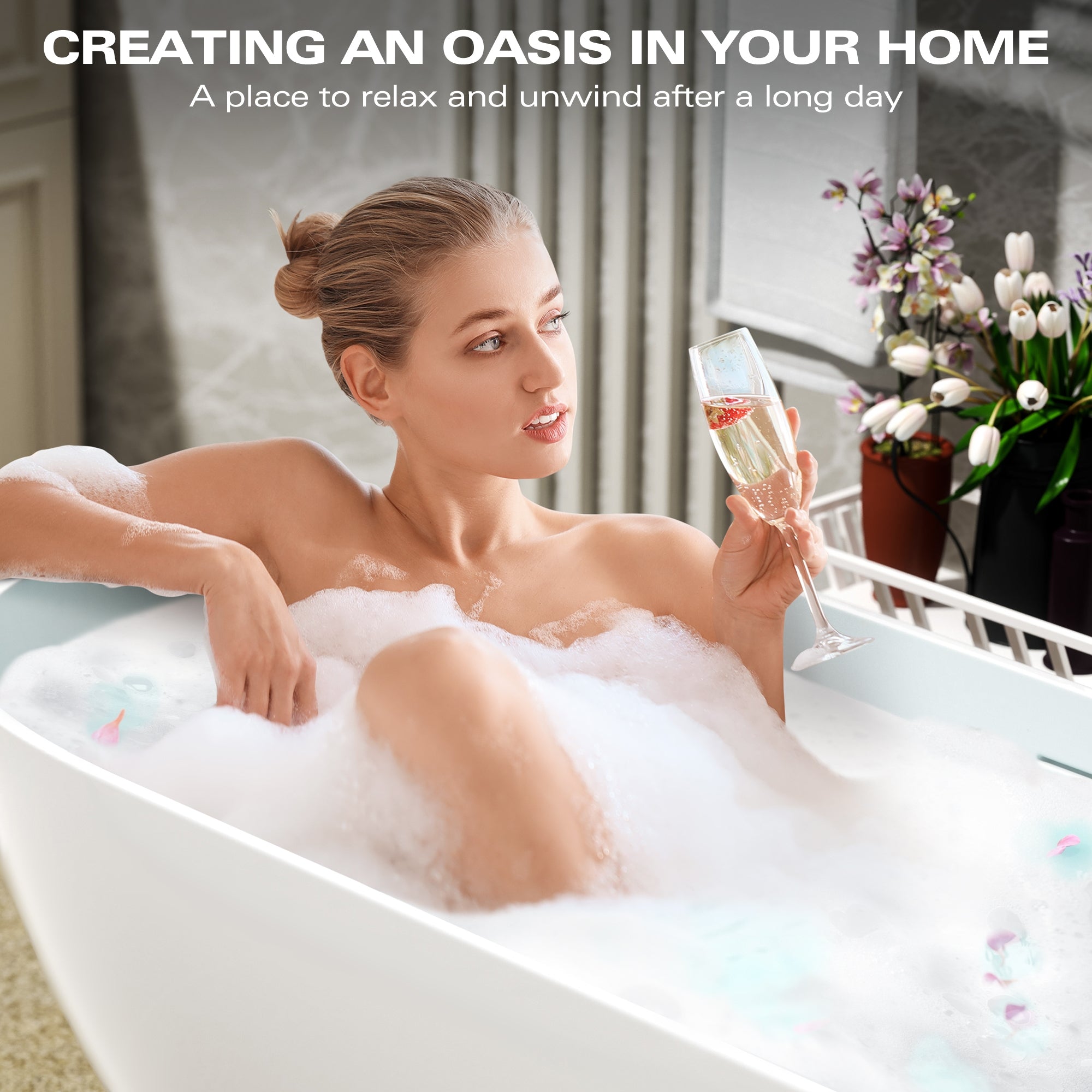 59" Freestanding Solid Surface Bathtub, Luxury Stone Resin Soaking Tub, Overflow & Drain, Matte White