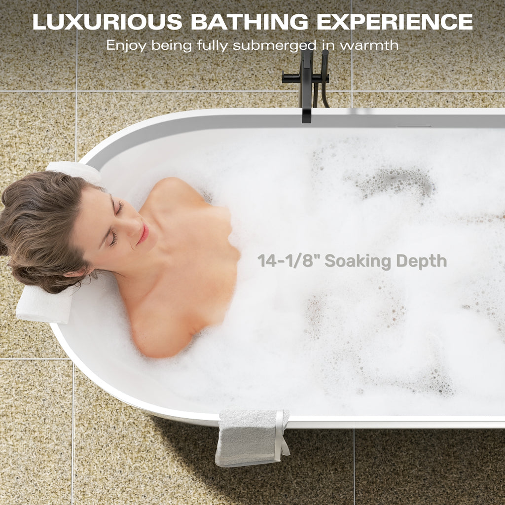 69" Freestanding Solid Surface Bathtub, Luxury Stone Resin Soaking Tub, Overflow & Drain, Matte White