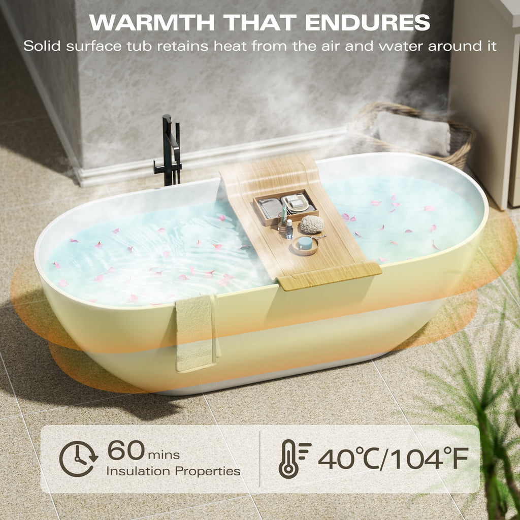 59" Freestanding Solid Surface Bathtub, Luxury Stone Resin Soaking Tub, Overflow & Drain, Matte White