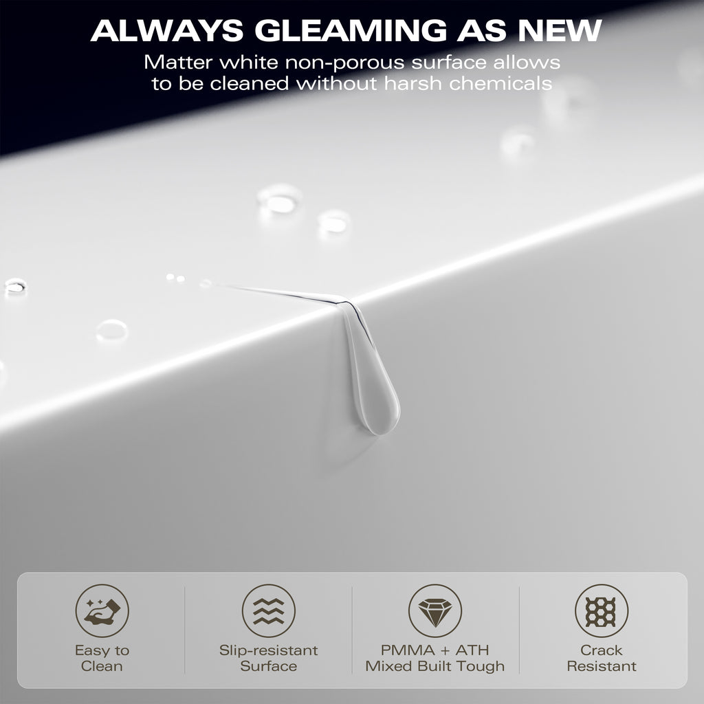 59" Freestanding Solid Surface Bathtub, Luxury Stone Resin Soaking Tub, Overflow & Drain, Matte White