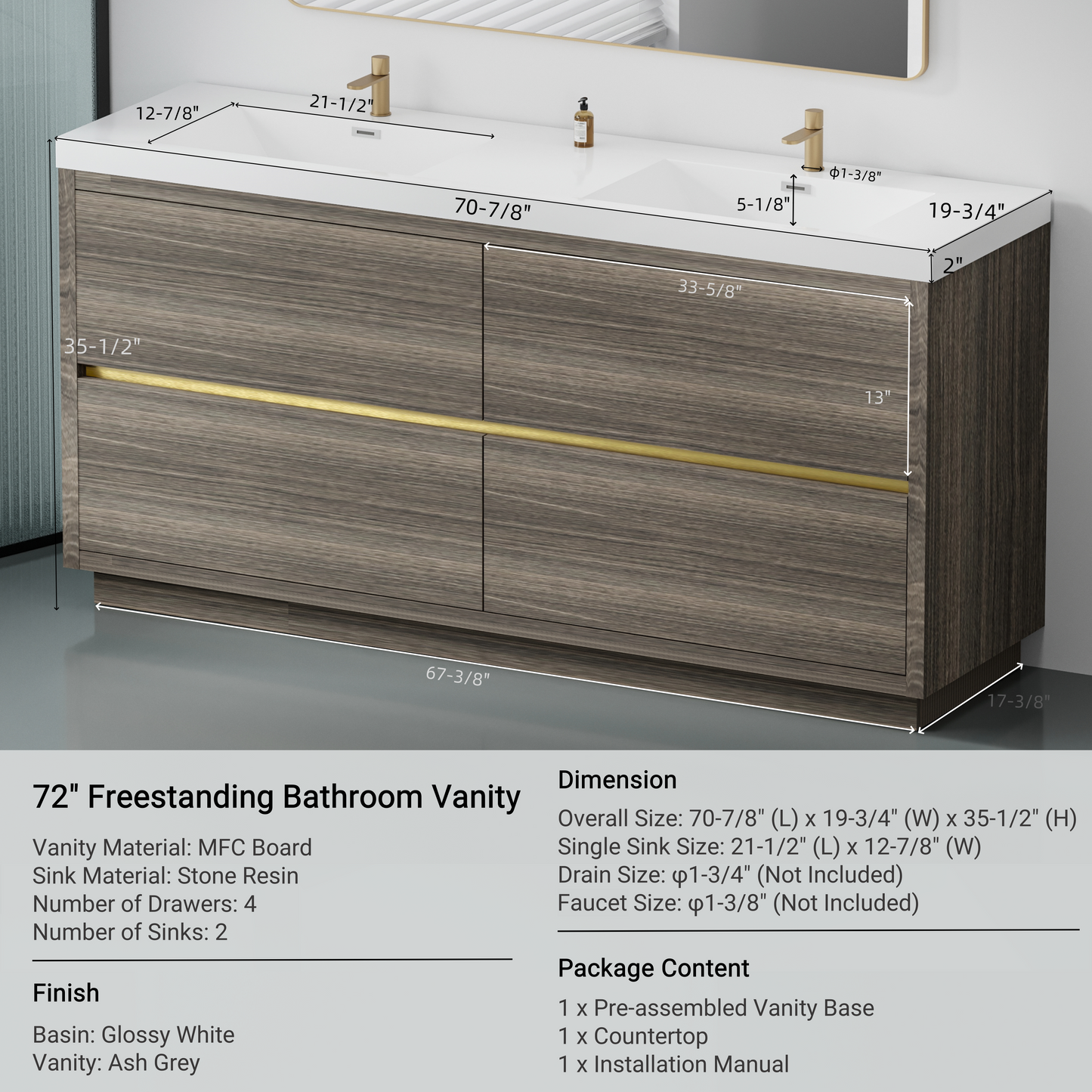 72" Aurelia - Freestanding Bathroom Vanity Ash Grey