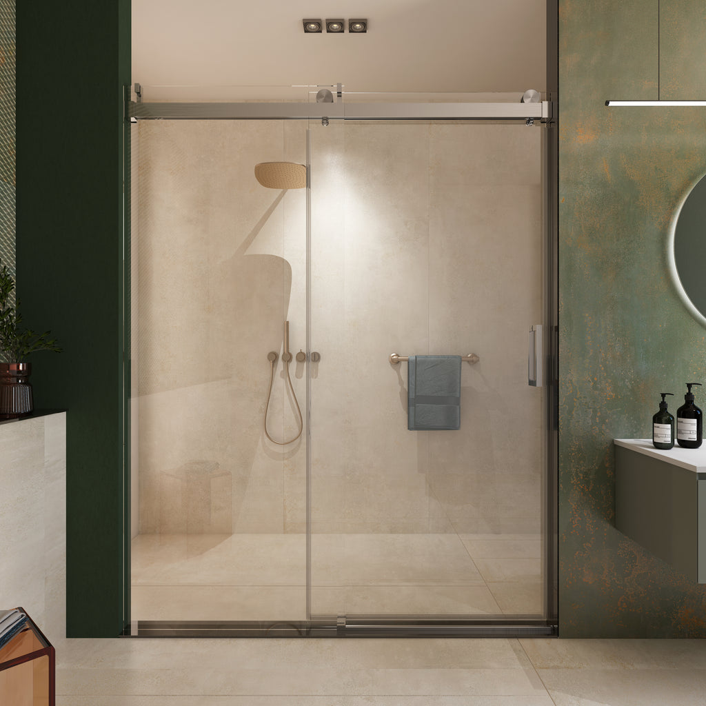 56–60" W x 76" H Frameless Soft-Close Single Sliding Shower Door, 1/4" Tempered Glass, Brushed Nickel