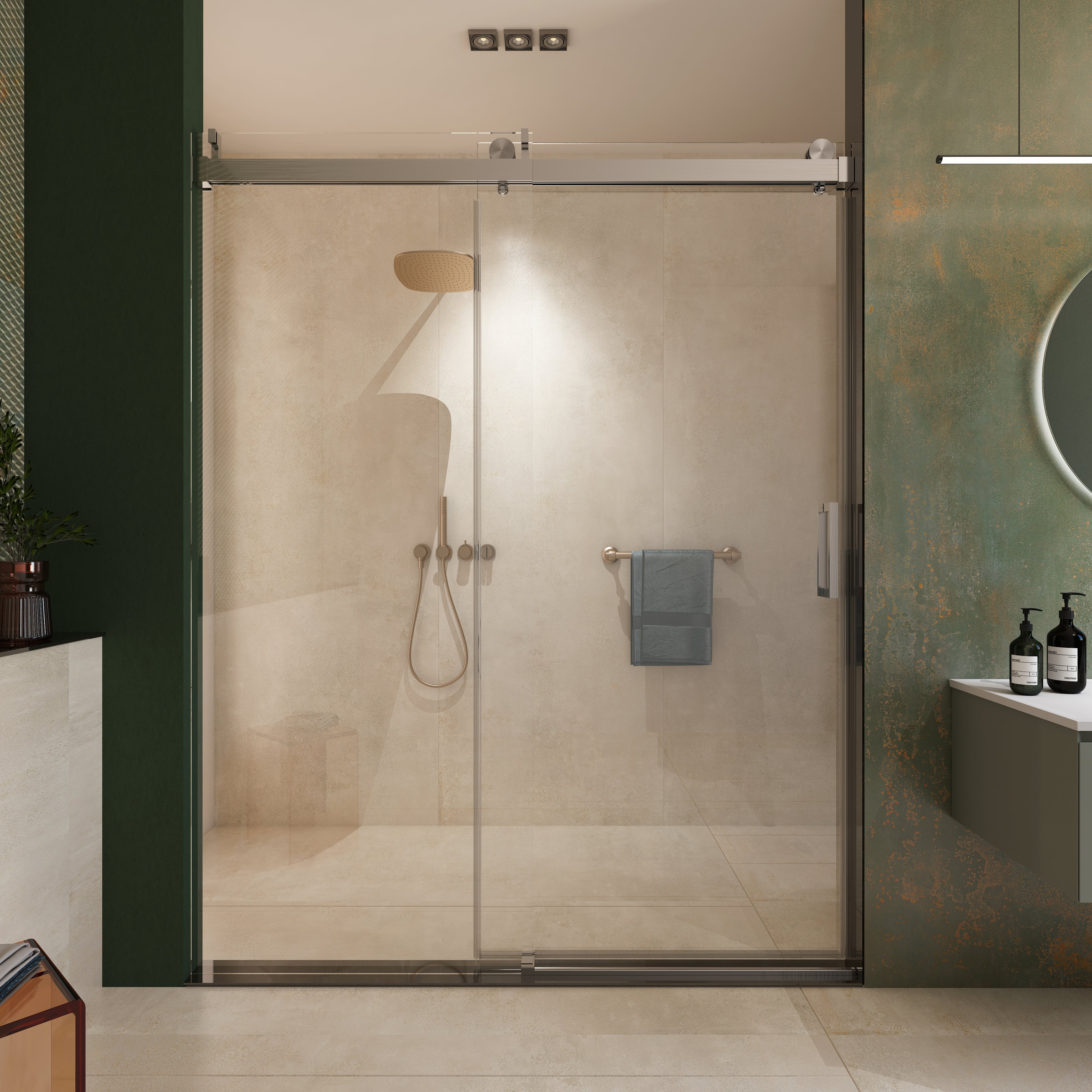 56–60" W x 76" H Frameless Soft-Close Single Sliding Shower Door, 1/4" Tempered Glass, Brushed Nickel